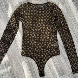 Windsor Sheer Black and Gold Chain-print Long Sleeve Snap Button Bodysuit XS